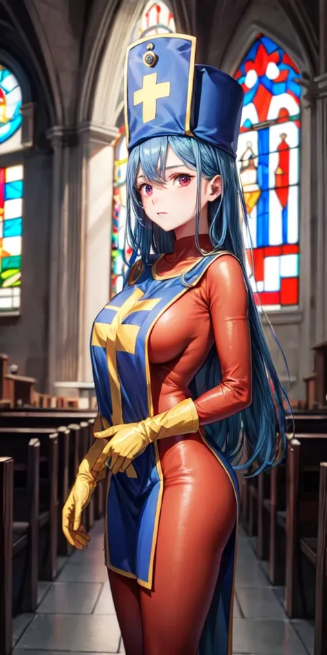 masterpiece, best quality, 4k, 8k, priest (dq3), 1girl, solo, long hair, blue hair, red eyes, mitre, tabard, cross print, orange bodysuit, elbow gloves, large breasts, praying, church, Stained glass, holylight, cowboy shot, from front, look at viewer, stan...