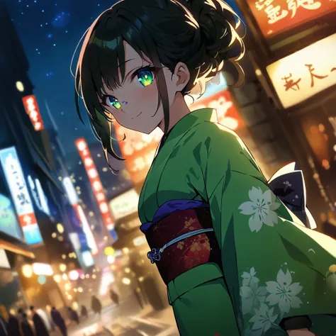 1girl,(japanese clothes, green kimono, floral print,  kimono,  print kimono,  sash, wide sleeves, obi),city background,(RAW photo, best quality), (anime style:1.4), masterpiece, an extremely delicate and beautiful, extremely detailed, 2k wallpaper, Amazing...