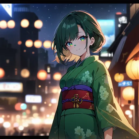 1girl,(japanese clothes, green kimono, floral print,  kimono,  print kimono,  sash, wide sleeves, obi),city background,(RAW photo, best quality), (anime style:1.4), masterpiece, an extremely delicate and beautiful, extremely detailed, 2k wallpaper, Amazing...