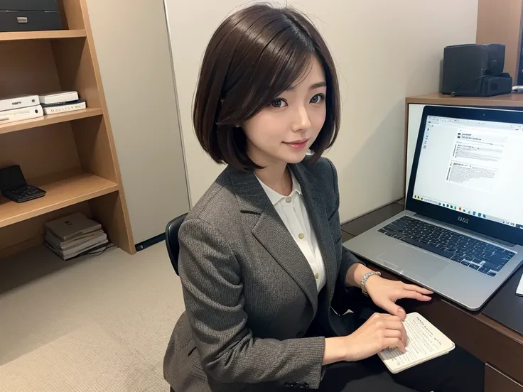 One Japanese woman、OL、Medium Bob、Brown Hair、daytime office、Formal attire、Speak gently here、laptop、Working