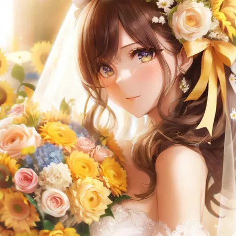 Close up portrait of woman holding bouquet of flowers, Beautiful Anime girl, Beautiful Anime woman, Cute Anime Girl, Beautiful Anime style, Beautiful and gorgeous digital art, Beautiful Anime, Beautiful Anime portrait, Cute Anime Girl, Beautiful sunflower ...