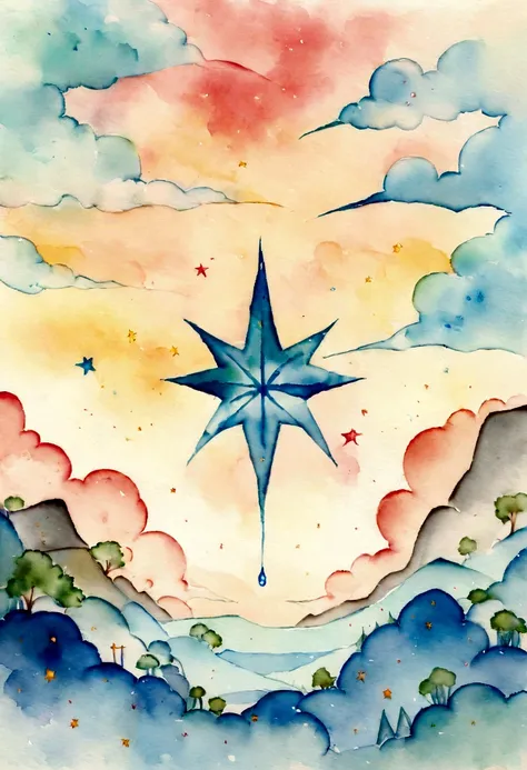 Simple landscape painting，Ancient wind，Around eleven oclock in the evening，Clouds，sunset , themoon，naive，Hand drawn watercolor，Star blue