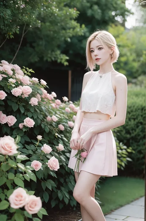 8K, original photo, Fujifilm, Stylized photo of a beautiful young woman Avril Lavigne in a garden with light pink roses (highly refined skin: 1.2) Style-PetalsBREAKShort Hair, Blonde hair with colored locks, wearing a skirt, Film granulation, 35 mm, cute s...