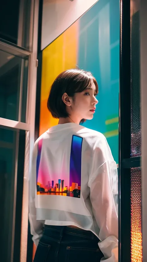 One Girl, Colorful Themes, Synthwave Sky,(最high quality, high quality, High resolution), Realistic, Very detailed, Very detailed顔の特徴, Absurd,  Realistic lighting and reflections, Very detailed顔の特徴, See-through shirt, Best Photos,high quality illustration