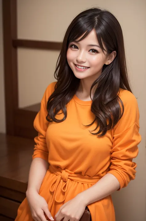 Realistic young girl. In a light and orange outfit called Mia. Sweet and smiling look that is mom. dark haired.