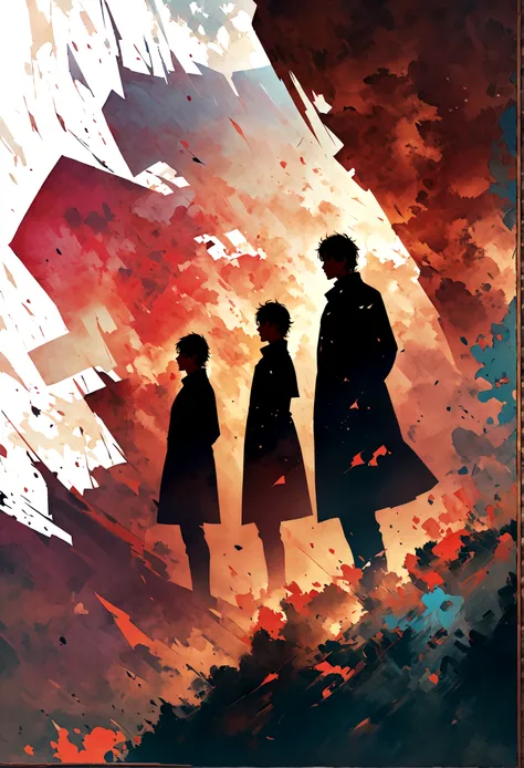 there are two people in the painting, the Hijikata Toushirou in the foreground, the transparent silhouette of Gintoki Sakata in the background, double exposure, dynamic, vector, strong use of negative space, isolate on white