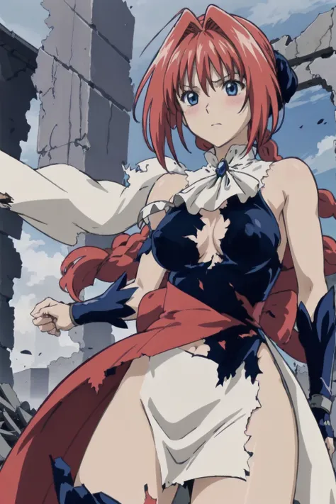 One side of the dress is torn at the chest、Dust cloud、tits、Nipples fully visible、receive damage from an attack、anime、((Battle scene in the ruins))、blush、Line art、Pencil drawing、Braid、dress、Red Hair、Light blue eyes