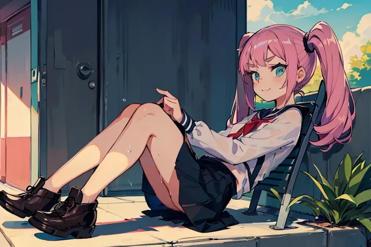 4 Girls with pink hair, long twintail hairstyle, ((small bushy eyebrows)), wearing gothic lolita clothing, lolicon , walking to school, flirty smile,, walking to school, bored look, bored face,, (sitting with legs open lifting her skirt to show her vagina ...