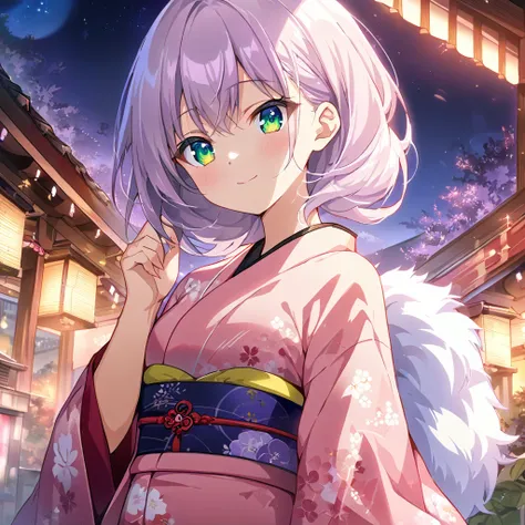 1girl,(japanese clothes, pink kimono, floral print,  kimono,  print kimono,  sash, wide sleeves, obi),Shrine grounds in the morning background,(RAW photo, best quality), (anime style:1.4), masterpiece, an extremely delicate and beautiful, extremely detaile...