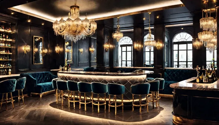 Create a digital illustration of a sophisticated and luxurious bar interior. The bar features elegant and ambient lighting with chandeliers and wall sconces. The bar counter is made of polished marble, accompanied by plush, velvet-upholstered bar stools. T...