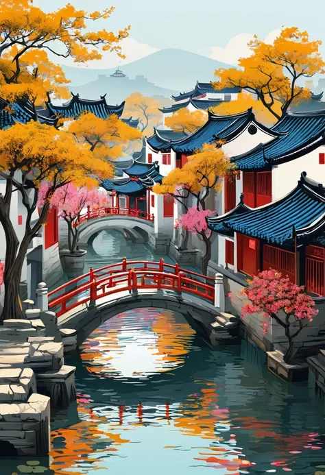 Vector illustration，Jiangnan Water Village