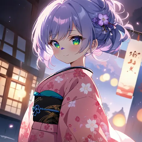 1girl,(japanese clothes, pink kimono, floral print,  kimono,  print kimono,  sash, wide sleeves, obi),Shrine grounds in the morning,  background,(RAW photo, best quality), (anime style:1.4), masterpiece, an extremely delicate and beautiful, extremely detai...