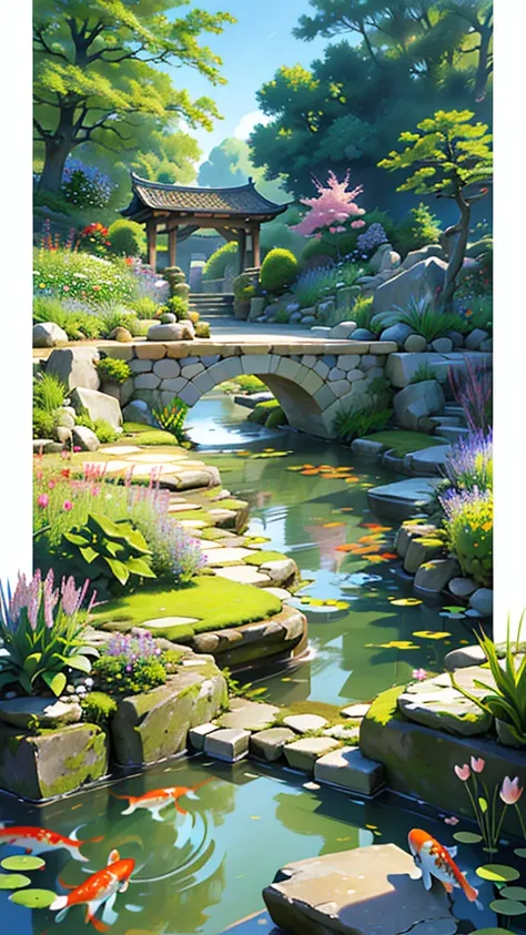 ((masterpiece)), ((best quality)), ((high detail)) digital painting of a serene fantasy garden in spring, no human, with a koi pond, stone bridges, and a variety of fantastical flora and fauna, fantasy spring garden