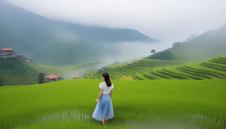 Beautiful Korean Woman, Chest size 34 inches, Wear sleeveless, light skirts, Foggy scenery of Sapa, Vietnam, A terraced rice field is visible