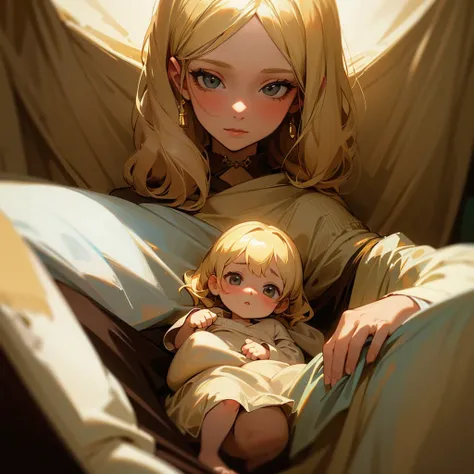 A blonde mother holding and looking at the face of a baby girl with a blonde hair in her bed in an ancient fancy bedroom 