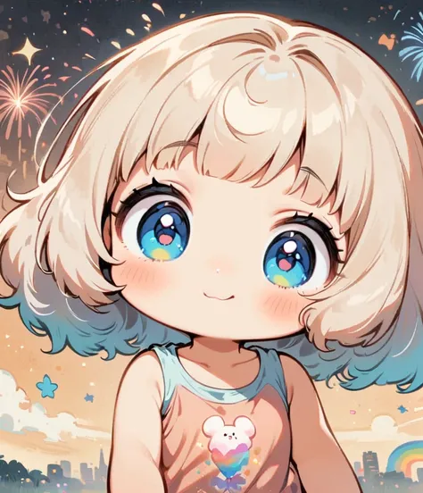 Fireworks in the background、Eat rainbow cotton candy、Cartoon style character design，1 Girl, alone，Big eyes，Cute expression，Tank top、interesting，interesting，Clean Lines