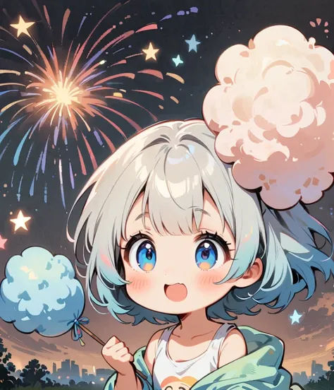 Fireworks in the background、Eat rainbow cotton candy、Cartoon style character design，1 Girl, alone，Big eyes，Cute expression，Tank top、interesting，interesting，Clean Lines