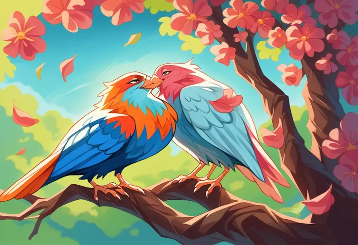 Two colorful birds perched on a tree branch with flowers in the background, Kiss on the cheek,Beautiful digital art, Colors with attention to detail, Highly detailed digital artwork, 鳥 f cgsociety, cgsociety Saturated colors, Highly detailed color low poly...