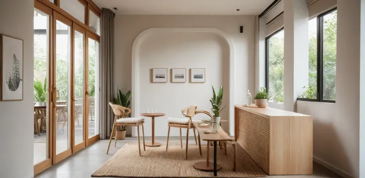 Minimalist Muji-style cafe-bar in living room, cafe-bar furniture, neutral color palette, natural materials, soft lighting, low-profile white couch, wooden chair, natural wood coffee table, indoor plants, minimalist wall art, woven rug, natural light, tran...