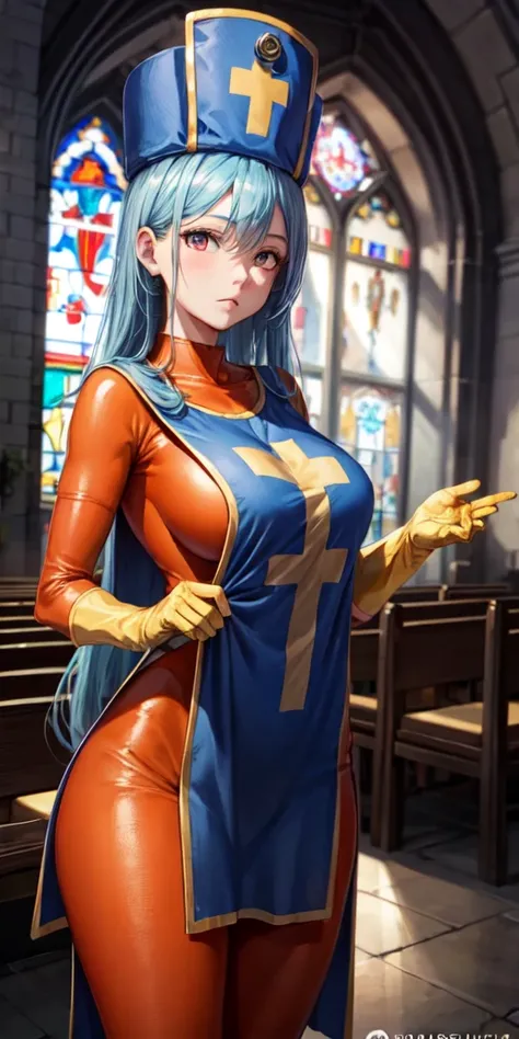 masterpiece, best quality, 4k, 8k, priest (dq3), 1girl, solo, long hair, blue hair, red eyes, mitre, tabard, cross print, orange bodysuit, elbow gloves, large breasts, praying, church, Stained glass, holylight, cowboy shot, from front, look at viewer, stan...