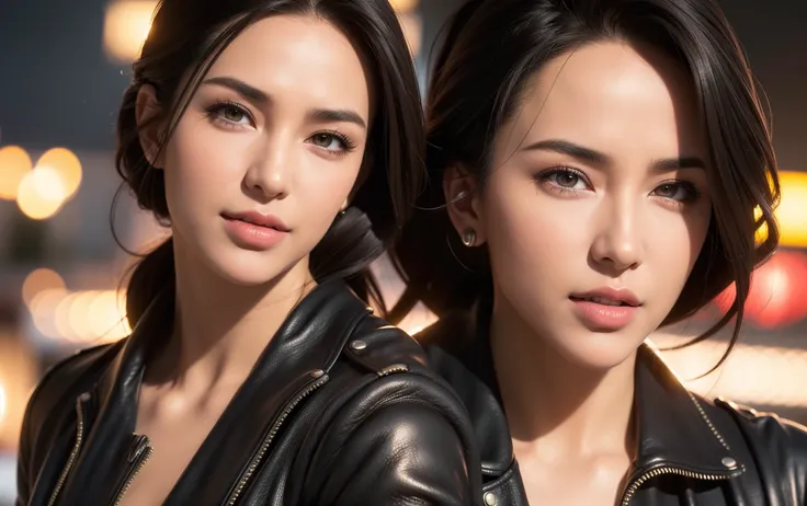 two gorgeous busty women, beautiful detailed eyes, beautiful detailed lips, extremely detailed face, long eyelashes, ponytail, leather jacket, ladies bikers, face to face, beautiful detailed smile, beautiful detailed teeth, pov, lovers, cinematic dramatic ...