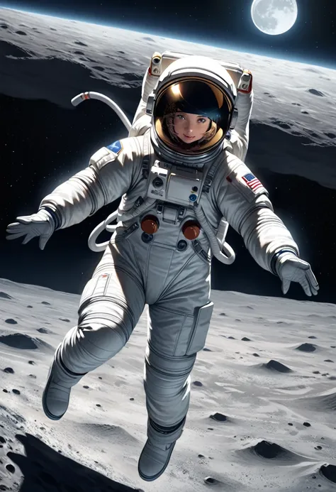 realistic Lunar Surface,A woman in a space suit is jumping on the moon