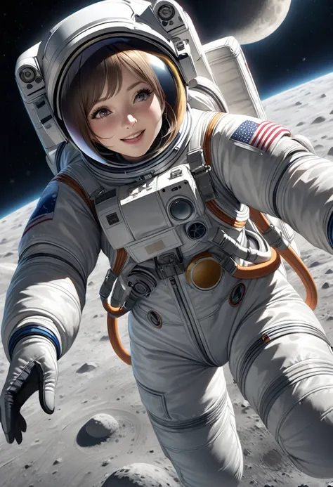 realistic Lunar Surface,A woman in a space suit is jumping on the moon