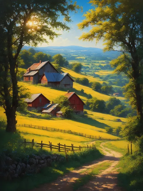 Summer countryside (painting style), realistic, very realistic, detailed, breathtaking realism, high contrast realism, highly saturated realism, vibrant colors, dramatic lighting, captivating landscapes, gripping storytelling, atmospheric scenes, captivati...