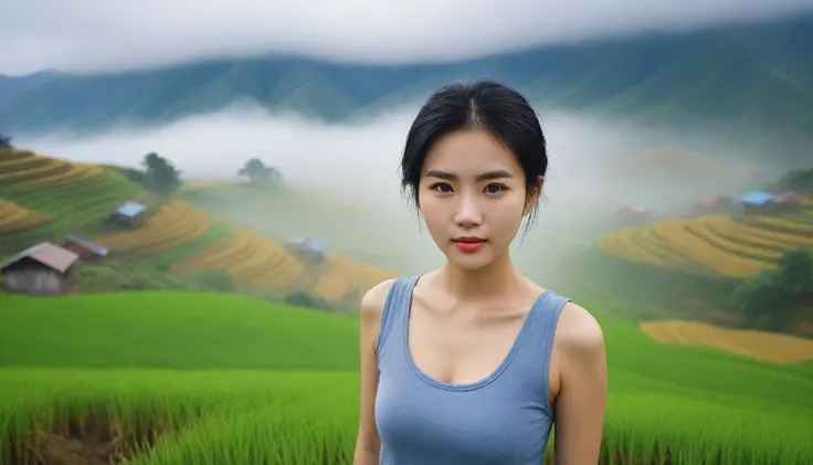 Beautiful Korean Woman, Chest size 34 inches, Wear sleeveless, light skirts, Foggy scenery of Sapa, Vietnam, A terraced rice field is visible, short medium hair, Taken from a distance with a wide angle lens, Realistic living landscape, Front photo facing t...