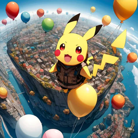 Pikachu is flying in the sky with a balloon