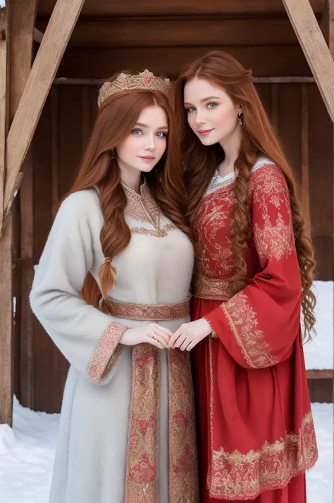 A gorgeous, pretty, shiny, kind-hearted, warm-hearted, sweet, polite, sensitive, friendly, charming, graceful, stylish, classy, alluring, majestic, ethereal, angelical ginger long haired russian woman dressed in traditional folk winter costumes. Shes with ...