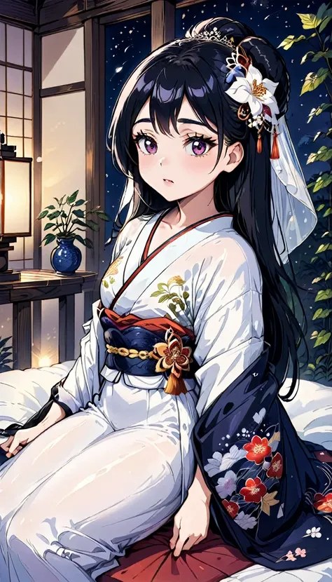 A beautiful 15-year-old princess from the Sengoku period with long black hair　Gorgeous embroidery, Ultra glossy, She is wearing a shiny Japanese wedding kimono worn by brides（white without dirt）I am wearing....  On her wedding night, she has intense sex wi...