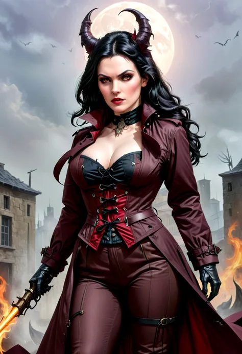 /imagine prompt: 30-year-old European woman with pale white skin, black hair, gray eyes, wearing a long burgundy trench coat, corset, tight pants, and long boots, portraying a demon hunter. Create detailed illustrations capturing her physical features, out...