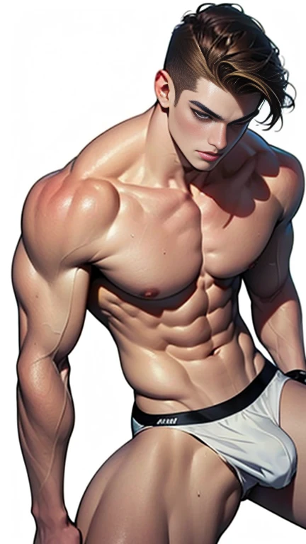 full length, 1 college student, perfect body,male body,strong muscles,Abdomen muscles are wavy..,abdomen, naked, nude, strong legs,spread your arms, looking at camera, anime style, Keep a flat head, brown hair, stand, Very detailed, 2d illustration, Done i...