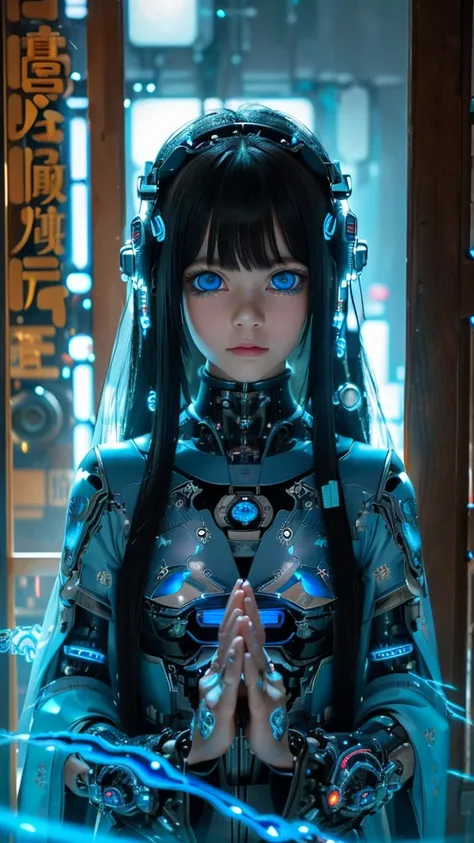 Ultra-detailed, master piece, best quality, high resolution,  detailed eyes, detailed face, (Neo Tokyo:1.5), (Cyberpunk:1.5), (Fusion with Machine:1.5), 12 years old, very pretty and beautiful, girl with mysterious atmosphere, ghost,  in appearance, gracef...