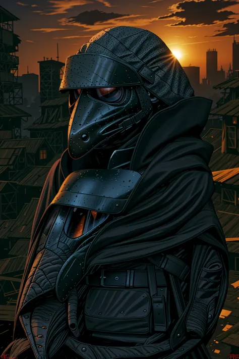 a man wearing modern military grade armor, gear belt full of gun magazines, a tattered hood over his head, wearing a plague doct...