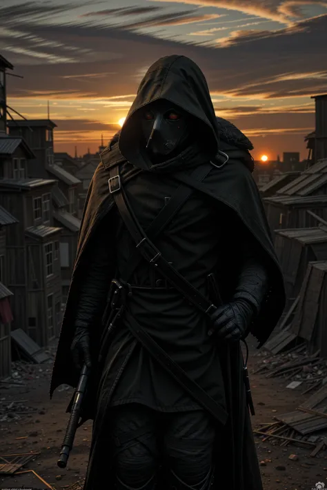 a man wearing modern military grade armor, gear belt full of gun magazines, a tattered hood over his head, wearing a plague doctor mask, a futuristic and hastily repaired semi-automatic rifle strapped over his back, a regular built body, wearing a messy bl...