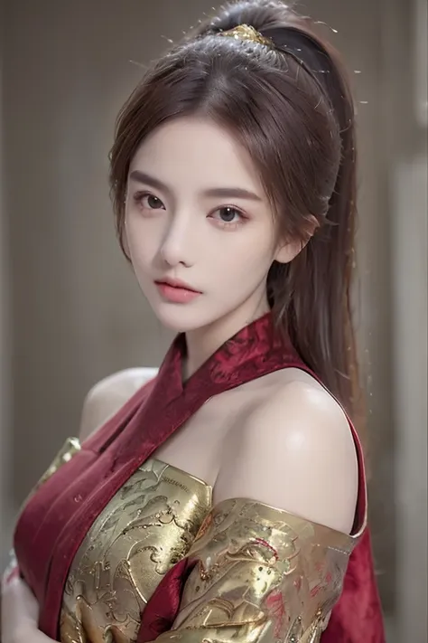 ((You are a beautiful woman., dark red hair, red mouth, High nose, big breastsมาก, Fei Yu_robes, red cloth, Gold Embroidery， black embroidered gold, big breasts, high ponytail，long hair, depth of field, สาวสวยกับdetailsที่สวยงาม, European face, ดวงตาและใบห...