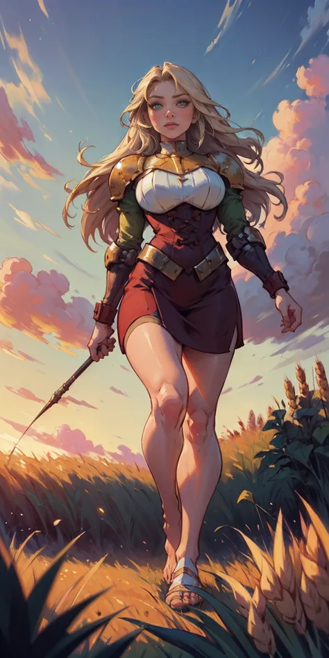 stunning painting of a knight with long blonde hair, wheat field, epic clouds ((painterly)) ((impressionist)) vibrant, soft edges (((warm glow))) full body whole body view from below 1sologirl, feet together, view from below while walking to the viewer