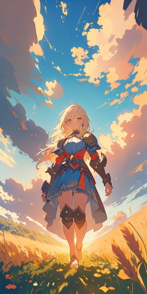 stunning painting of a knight with long blonde hair, wheat field, epic clouds ((painterly)) ((impressionist)) vibrant, soft edges (((warm glow))) full body whole body view from below 1sologirl, feet together, view from below while walking to the viewer