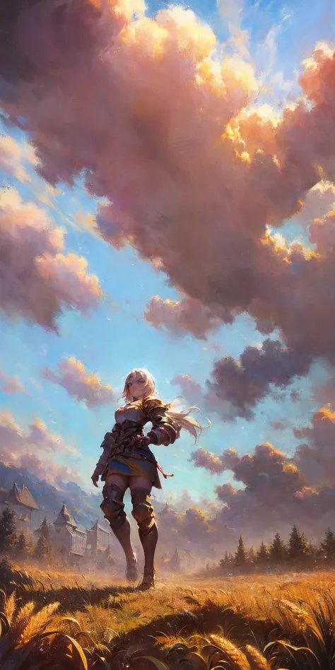 stunning painting of a knight with long blonde hair, wheat field, epic clouds ((painterly)) ((impressionist)) vibrant, soft edges (((warm glow))) full body whole body view from below 1sologirl, feet together, view from below while walking to the viewer