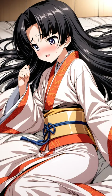 a beautiful 15-year-old princess from the sengoku period with long black hair　gorgeous embroidery, ultra glossy, she is wearing ...