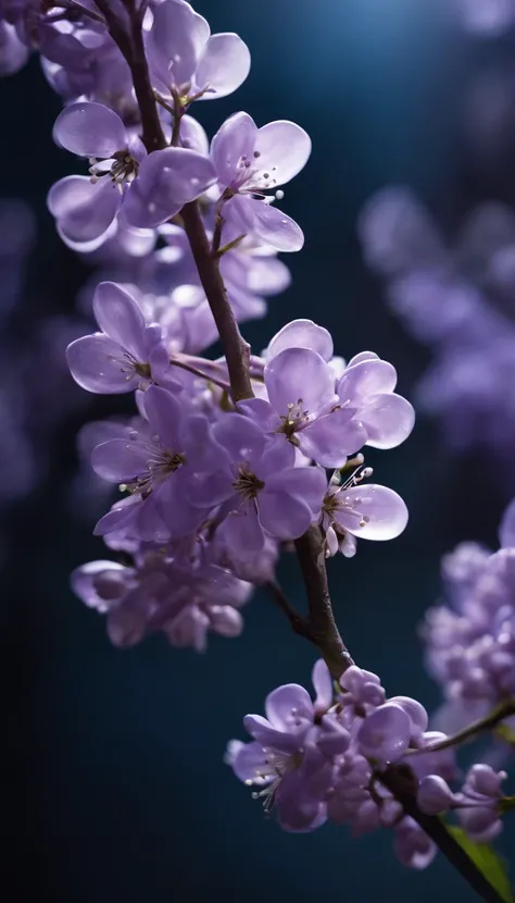 branch of delicate lilac flowers, super transparent, holy light, beautiful spectral light, petals glow, flashing, dark background, drops of transparent light, reflective light, bright, light streaming in, optics, portrait profile, sharp focus, magical, int...