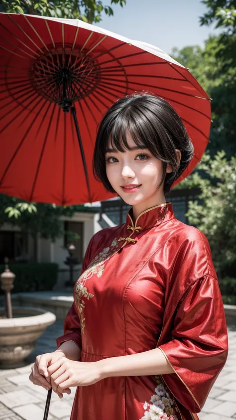 Red Chinese dress, 1 Girl, Solitary, Black Hair, short hair, Upper Body, Smile, parasol, Mature female,