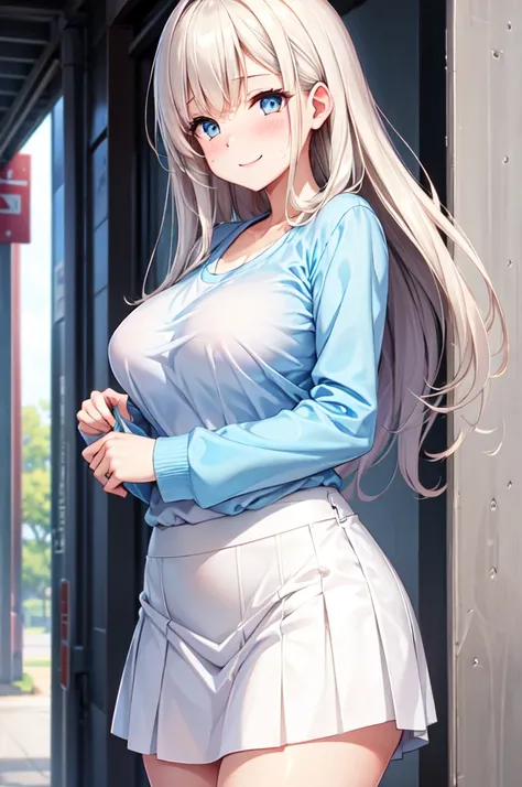 (High quality, High resolution, Fine details), Outdoor, Standing, taking off clothes, BREAK Light blue long-sleeved shirt, BREAK Long white skirt, solo, curvy adult women, sparkling eyes, (Detailed eyes:1.2), smile, blush, Sweat, Oily skin, Soft tones, sha...