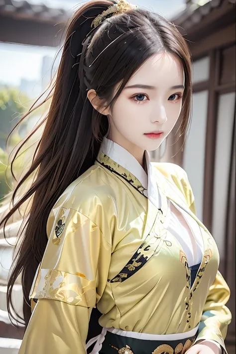 ((you are a beautiful woman.)), whole body, scenery of ancient chinese houses, blonde hair, red mouth, high nose, big breasts, f...