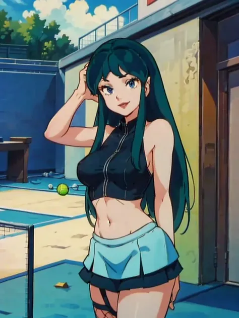 nsfw, masterpiece, (best quality: 1.2), long hair, blue eyes, green hair, worns, big breasts, evil_smile, sexy, ((tennis player)...