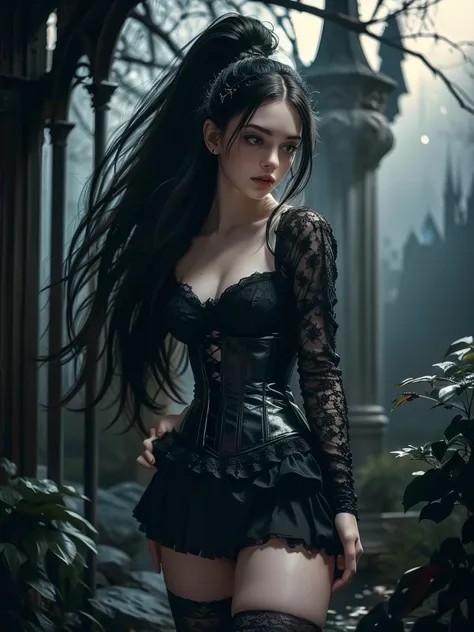 a stunning gothic beauty, in a black gown with a corset and lace details, very short skirt, naked from below. her luminous pale ...