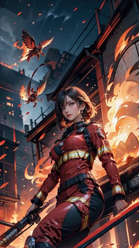 woman,Lina, short hair, Flying over the city, fire, Red glow