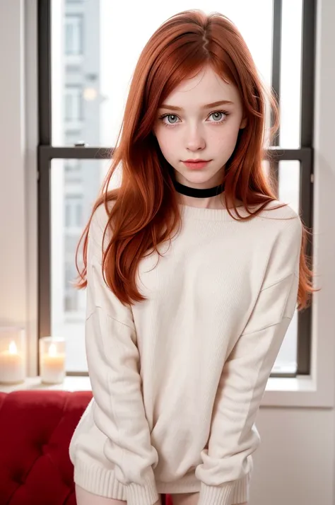 raw photo,(13yo skinny redhead girl:1.2), cheek dimples, blushing, graphic eyeliner, rouge, (lipstick:0.6), (choker:0.9), realis...